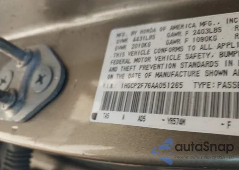 2010 Honda Accord 2.4 Ex из США, поврежденный, VIN 1HGCP2F76AA051265